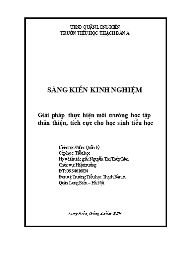 Sáng kiến kinh nghiệm Giải pháp thực hiện môi trường học tập thân thiện, tích cực cho học sinh Tiểu học