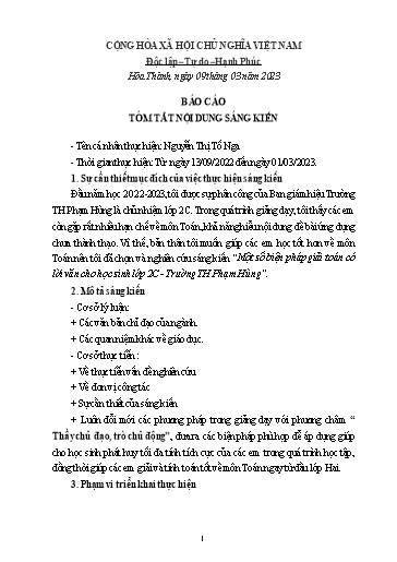 Tóm tắt Sáng kiến Một số biện pháp giải toán có lời văn cho học sinh Lớp 2C - Trường TH Phạm Hùng