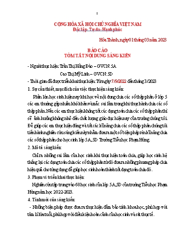 Tóm tắt Sáng kiến Một số biện pháp rèn kĩ năng chia các số thập phân cho học sinh Lớp 5A, 5D Trường Tiểu học Phạm Hùng
