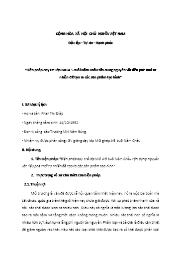 Báo cáo Biện pháp Dạy trẻ lớp MG 4-5 tuổi Nậm Chậu tận dụng nguyên vật liệu phế thải tự nhiên để tạo ra các sản phẩm tạo hình