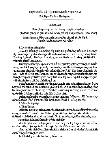 Báo cáo Biện pháp Nâng cao chất lượng công tác chủ nhiệm Lớp 3, ở trường Tiểu học Lương Nghĩa 3