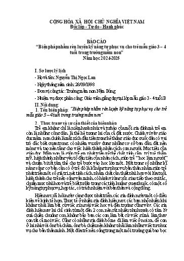 Báo cáo Biện pháp Nhằm rèn luyện kỹ năng tự phục vụ cho trẻ Mẫu giáo 3 – 4 tuổi trong Trường Mầm non