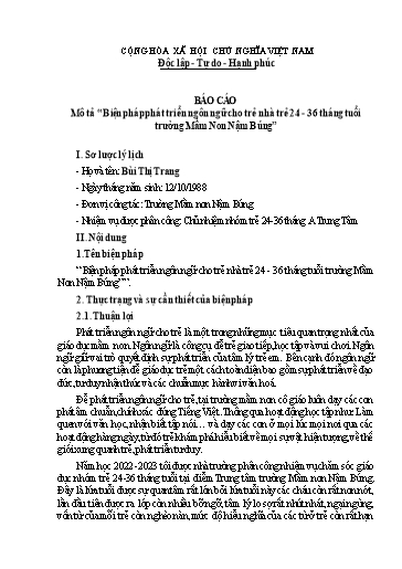 Báo cáo Biện pháp Phát triển ngôn ngữ cho trẻ nhà trẻ 24 - 36 tháng tuổi trường Mầm Non Nậm Búng