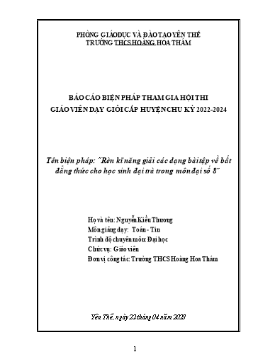 Báo cáo Biện pháp Rèn kĩ năng giải các dạng bài tập về bất đẳng thức cho học sinh đại trà trong môn Đại số 8