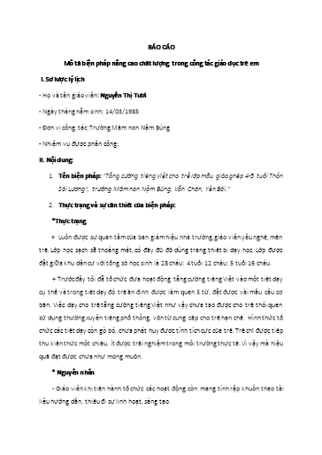 Báo cáo Biện pháp Tăng cường tiếng Việt cho trẻ lớp Mẫu giáo ghép 4-5 tuổi Thôn Sài Lương trường Mầm non Nậm Búng, Văn Chấn, Yên Bái