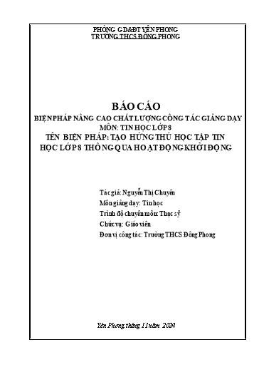Báo cáo Biện pháp Tạo hứng thú học tập Tin học Lớp 8 thông qua hoạt động khởi động