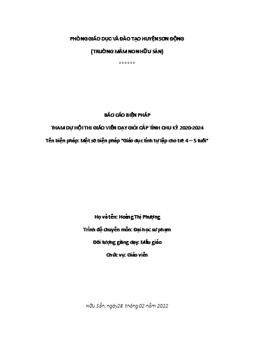 Báo cáo Sáng kiến Một số biện pháp giáo dục tính tự lập cho trẻ 4 – 5 tuổi