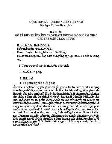 Báo cáo Sáng kiến Một số biện pháp nâng cao chất lượng giáo dục âm nhạc cho trẻ Mẫu giáo 3-4 tuổi