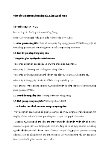 Báo cáo Sáng kiến Một số biện pháp ứng dụng giáo dục STEAM trong một số hoạt động giáo dục cho trẻ Mẫu giáo 5 - 6 tuổi trong Trường Mầm non