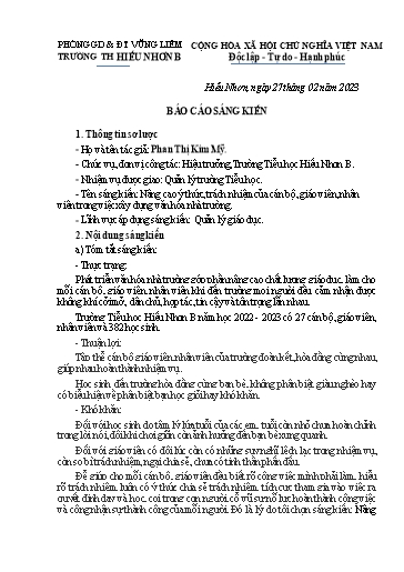 Báo cáo Sáng kiến Nâng cao ý thức, trách nhiệm của cán bộ, giáo viên, nhân viên trong việc xây dựng văn hóa nhà trường