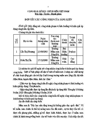 Đơn công nhận Sáng kiến Một số biện pháp chỉ đạo tổ viên tổ Mầm non 1 nâng cao chất lượng tổ chức hoạt động góc cho trẻ Lớp 3 tuổi trong Trường Mầm non Sông Đà, thị trấn Nậm Nhùn, huyện Nậm Nhùn, tỉnh Lai Châu