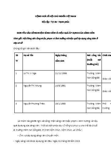 Đơn công nhận Sáng kiến Một số biện pháp dạy kỹ năng tự phục vụ cho trẻ Lớp 3 tuổi B, trường Mầm non Sông Đà, thị trấn Nậm Nhùn, Nậm Nhùn, Lai Châu