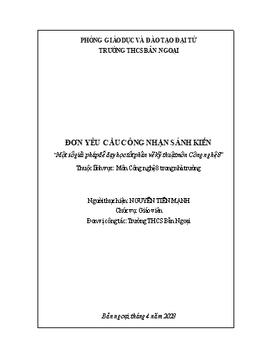 Đơn công nhận Sáng kiến Một số giải pháp để dạy học tốt phần vẽ kỹ thuật môn Công Nghệ 8