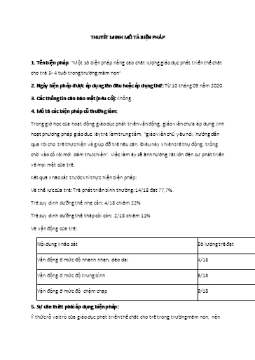 Thuyết minh Sáng kiến Một số biện pháp nâng cao chất lượng giáo dục phát triển thể chất cho trẻ 3- 4 tuổi trong Trường Mầm non