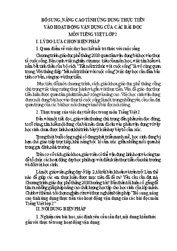 Báo cáo Biện pháp Bổ sung, nâng cao tính ứng dụng thực tiễn vào hoạt động vận dụng của các bài đọc môn Tiếng Việt Lớp 2