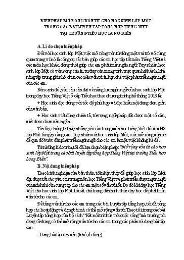 Báo cáo biện pháp Mở rộng vốn từ cho học sinh lớp Một trong các bài luyện tập tổng hợp Tiếng Việt tại trường Tiểu học Long Biên