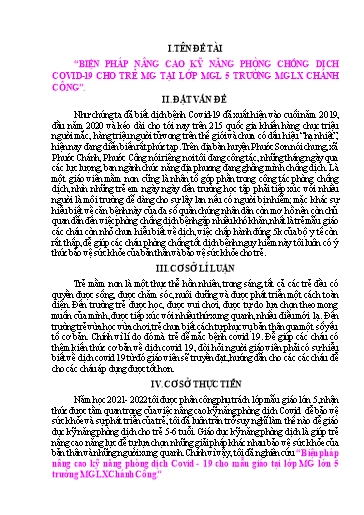 Báo cáo Biện pháp nâng cao kỹ năng phòng chống dịch covid-19 cho trẻ MG tại Lớp MGL 5 trường MGLX Chánh Công