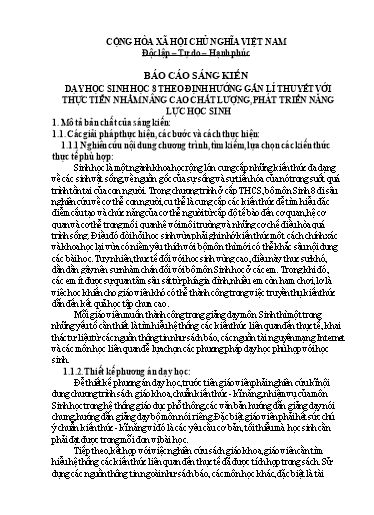 Báo cáo Sáng kiến Dạy học Sinh Học 8 theo định hướng gắn lí thuyết với thực tiễn nhằm nâng cao chất lượng, phát triển năng lực học sinh