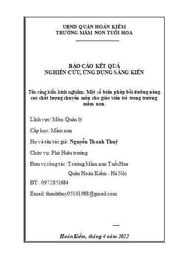 Báo cáo sáng kiến Một số biện pháp bồi dưỡng nâng cao chất lượng chuyên môn cho giáo viên trẻ trong trường Mầm non