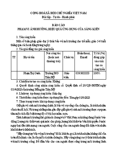 Báo cáo sáng kiến Một số biện pháp giáo dục ý thức bảo vệ môi trường cho trẻ Mẫu giáo 5-6 tuổi thông qua các hoạt động trong ngày