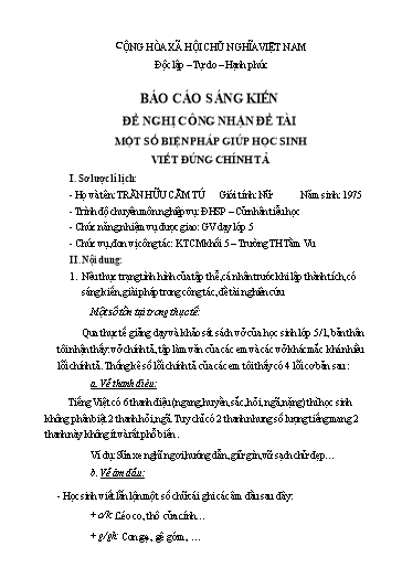 Báo cáo Sáng kiến Một số biện pháp giúp học sinh viết đúng chính tả