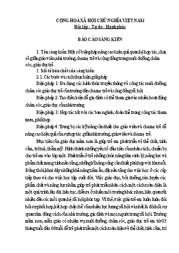 Báo cáo Sáng kiến Một số biện pháp nâng cao hiệu quả quan hệ hợp tác, chia sẻ giữa giáo viên, nhà trường, cha mẹ trẻ và cộng đồng trong nuôi dưỡng, chăm sóc, giáo dục trẻ