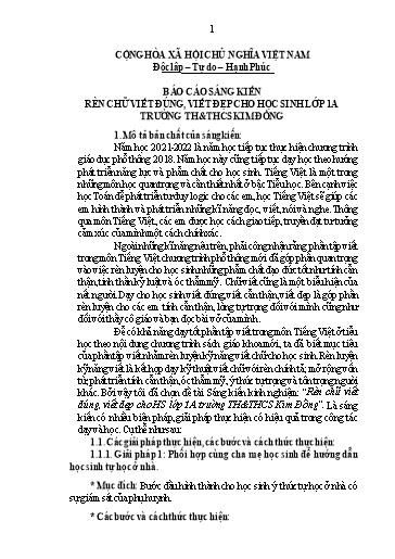 Báo cáo Sáng kiến Rèn chữ viết đúng, viết đẹp cho học sinh Lớp 1A trường TH&THCS Kim Đồng