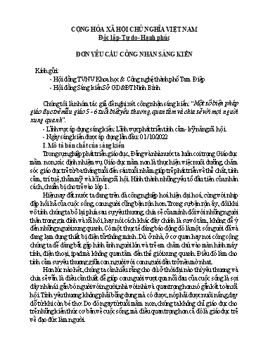 Đơn công nhận SKKN Một số biện pháp giáo dục trẻ Mẫu giáo 5 - 6 tuổi biết yêu thương, quan tâm và chia sẻ với mọi người xung quanh