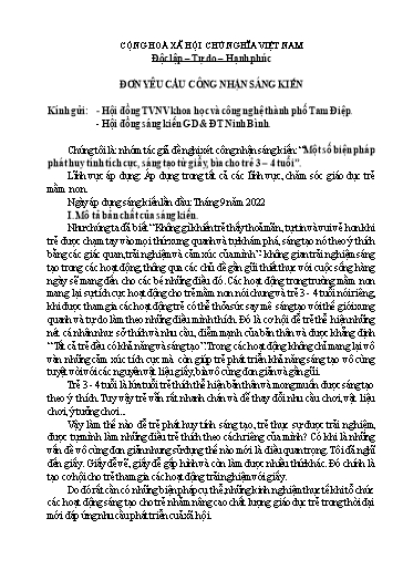 Đơn công nhận SKKN Một số biện pháp phát huy tính tích cực, sáng tạo từ giấy, bìa cho trẻ 3 – 4 tuổi