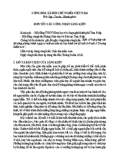 Đơn công nhận SKKN Một số biện pháp rèn kỹ năng phòng tránh nguy cơ mất an toàn và bạo hành trẻ độ tuổi 3-4 tuổi ở Trường Mầm non
