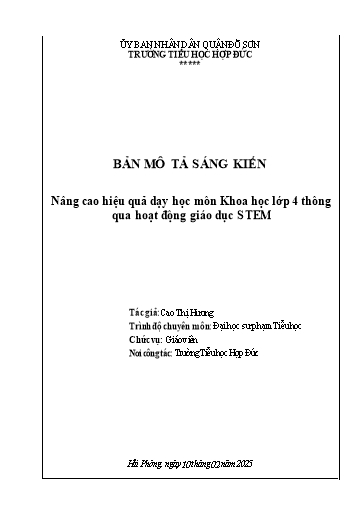 Mô tả Sáng kiến Nâng cao hiệu quả dạy học môn Khoa học Lớp 4 thông qua hoạt động giáo dục STEM