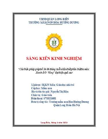 Sáng kiến kinh nghiệm Các biện pháp giúp trẻ 24-36 tháng tuổi nhận biết phân biệt ba màu Xanh - Đỏ - Vàng đạt hiệu quả cao