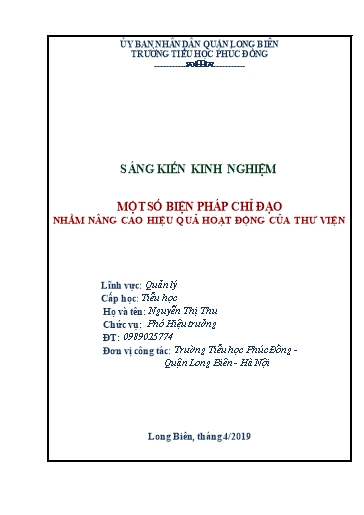 Sáng kiến kinh nghiệm Một số biện pháp chỉ đạo nhằm nâng cao hiệu quả hoạt động của thư viện
