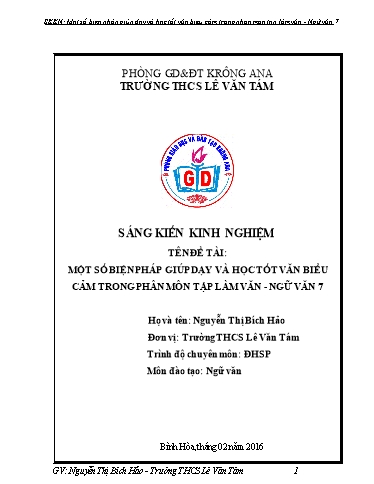 Sáng kiến kinh nghiệm Một số biện pháp giúp dạy và học tốt văn biểu cảm trong phân môn Tập làm văn - Ngữ văn 7