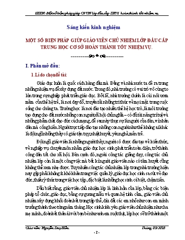 Sáng kiến kinh nghiệm Một số biện pháp giúp Giáo viên chủ nhiệm lớp đầu cấp Trung học cơ sở hoàn thành tốt nhiệm vụ