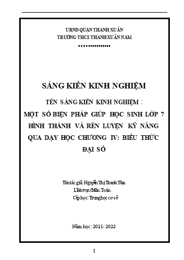 Sáng kiến kinh nghiệm Một số biện pháp giúp học sinh Lớp 7 hình thành và rèn luyện kĩ năng qua dạy học chương IV Biểu thức đại số