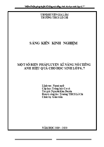 Sáng kiến kinh nghiệm Một số biện pháp luyện kĩ năng nói Tiếng Anh cho học sinh Lớp 6, 7