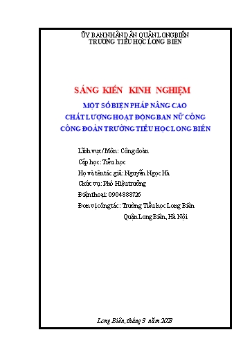 Sáng kiến kinh nghiệm Một số biện pháp nâng cao chất lượng hoạt động ban nữ công công đoàn trường Tiểu học Long Biên