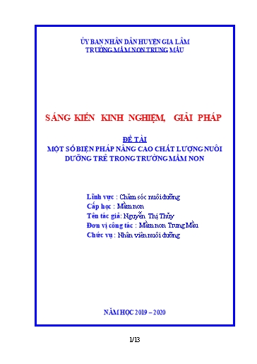 Sáng kiến kinh nghiệm Một số biện pháp nâng cao chất lượng nuôi dưỡng trẻ trong trường Mầm Non