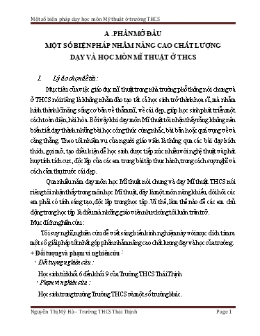 Sáng kiến kinh nghiệm Một số biện pháp nhằm nâng cao chất lượng dạy và học môn Mĩ thuật ở THCS