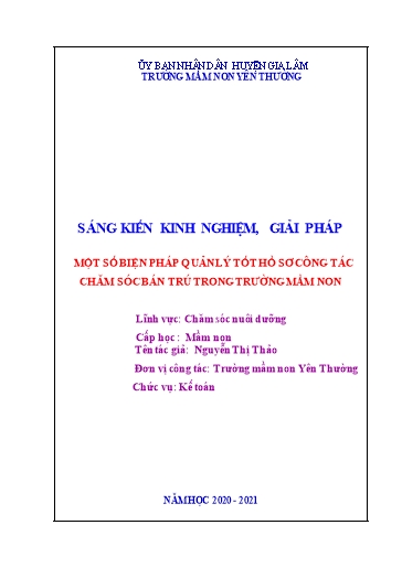 Sáng kiến kinh nghiệm Một số biện pháp quản lý tốt hồ sơ công tác chăm sóc bán trú trong Trường Mầm Non