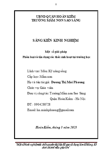 Sáng kiến kinh nghiệm Một số kinh nghiệm tái chế nguyên vật liệu đã qua sử dụng làm đồ dùng, đồ chơi cho trẻ Mẫu giáo Lớn