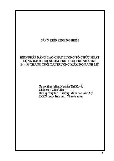 SKKN Biện pháp nâng cao chất lượng tổ chức hoạt động dạo chơi ngoài trời cho trẻ Nhà trẻ 24-36 tháng tuổi tại Trường Mầm non Anh Mỹ