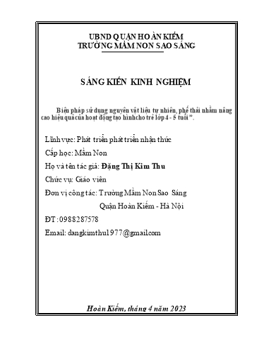 SKKN Biện pháp sử dụng nguyên vật liệu tự nhiên, phế thải nhằm nâng cao hiệu quả của hoạt động tạo hình cho trẻ Lớp 4 - 5 tuổi