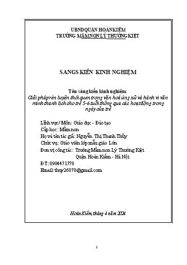 SKKN Giải pháp rèn luyện thói quen trong văn hoá ứng xử và hành vi văn minh thanh lịch cho trẻ 5-6 tuổi thông qua các hoạt động trong ngày của trẻ