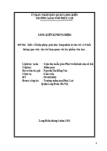SKKN Một số biện pháp giáo dục lòng nhân ái cho trẻ 4-5 tuổi thông qua việc cho trẻ làm quen với tác phẩm văn học