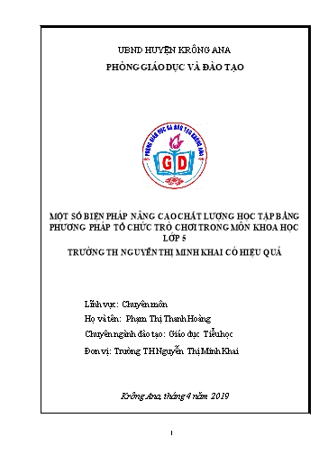 SKKN Một số biện pháp nâng cao chất lượng học tập bằng phương pháp tổ chức trò chơi trong môn Khoa học Lớp 5 trường TH Nguyễn Thị Minh Khai có hiệu qủa