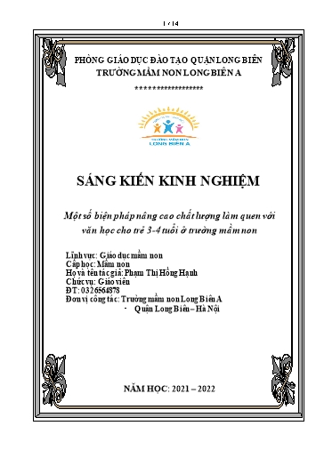 SKKN Một số biện pháp nâng cao chất lượng làm quen với văn học cho trẻ 3-4 tuổi ở trường Mầm Non