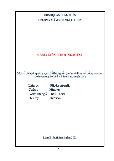 SKKN Một số biện pháp nâng cao chất lượng tổ chức họat động kết nối qua Zoom cho trẻ Mẫu giáo Bé 3 – 4 tuổi ở nhà nghỉ dịch