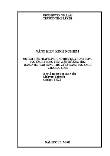 SKKN Một số biện pháp nâng cao hiệu quả hoạt động đọc sách trong thư viện trường học bằng việc tạo hứng thú và kỹ năng đọc sách cho học sinh